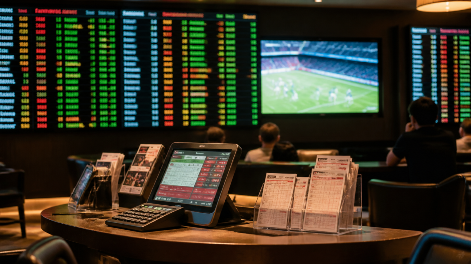 Casino-related betting desk with odds board and betting slips