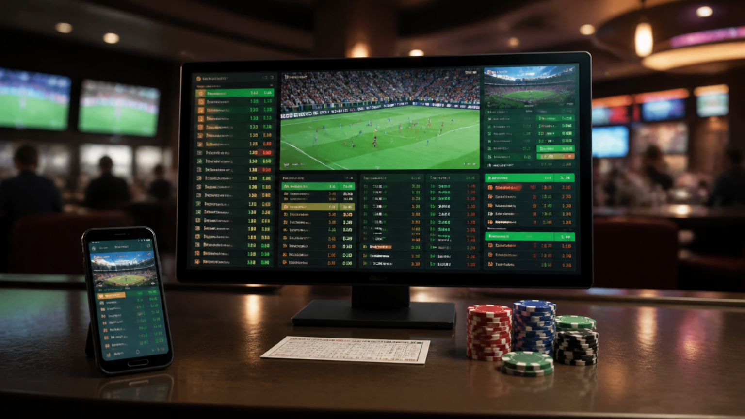 Casino betting screen with smartphone odds and chips