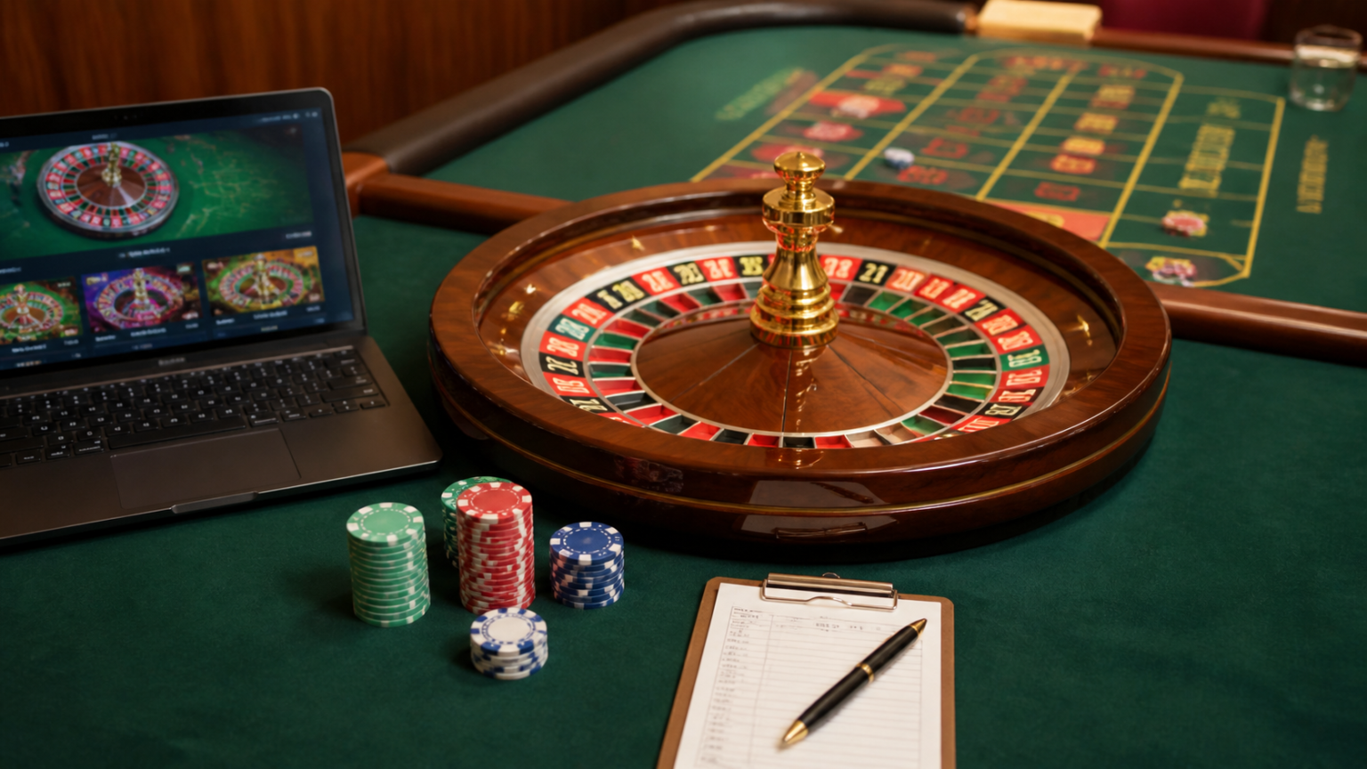 Casino betting site scene with laptop and gaming chips