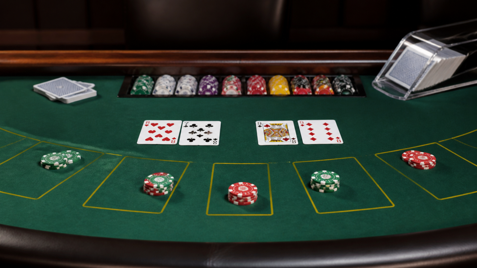 Bàn baccarat với các lá bài và phỉnh trên mặt nỉ xanh