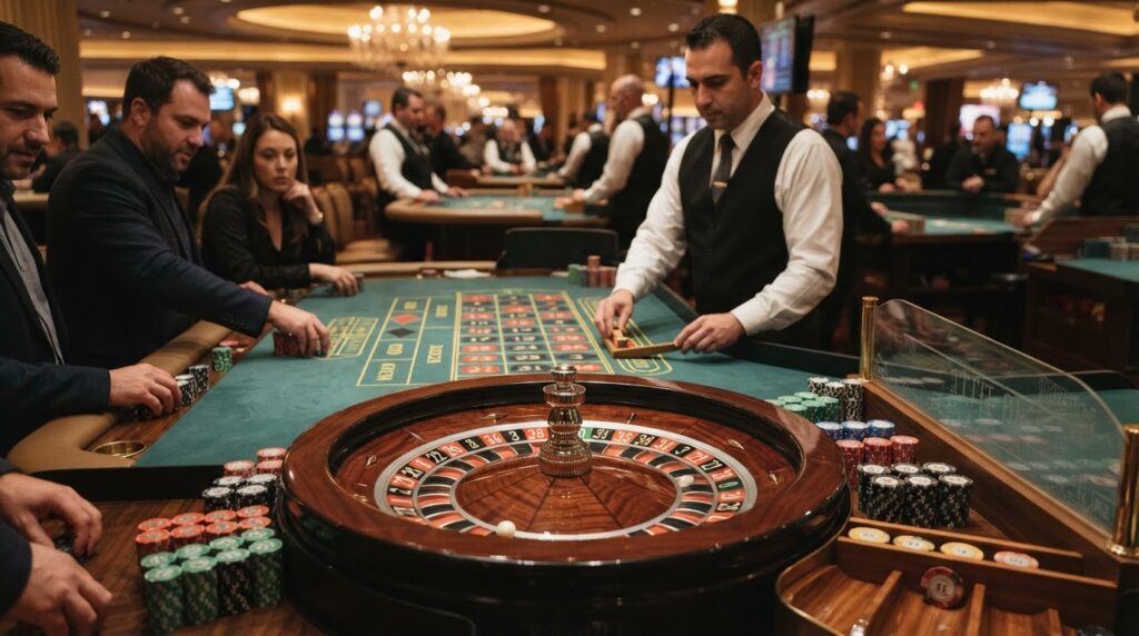Guide to Navigating Online Casino Singapore Platforms A luxury casino roulette table setup with vibrant gaming chips and a wooden wheel.