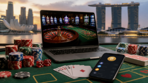Crypto casino Singapore gaming setup with digital payment and casino chips