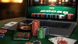 Online casino gaming with chips and a screen showing real-money play