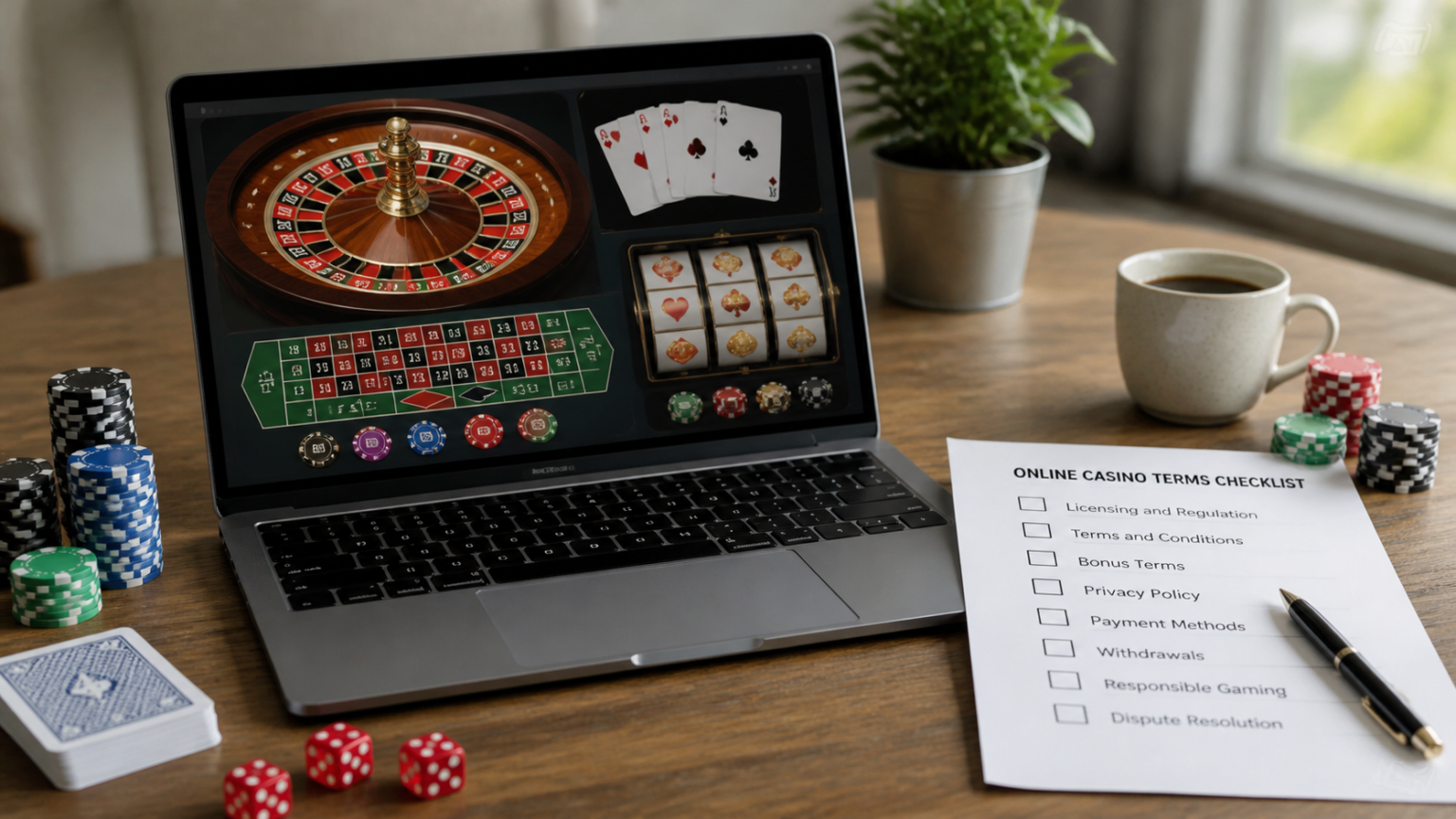 Màn hình trò chơi casino trực tuyến với roulette bên cạnh danh sách kiểm tra điều khoản