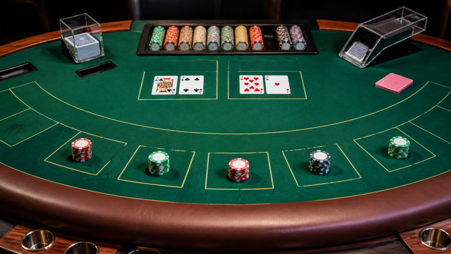 Bàn baccarat trong casino với bài, phỉnh và khu vực đặt cược hiện rõ