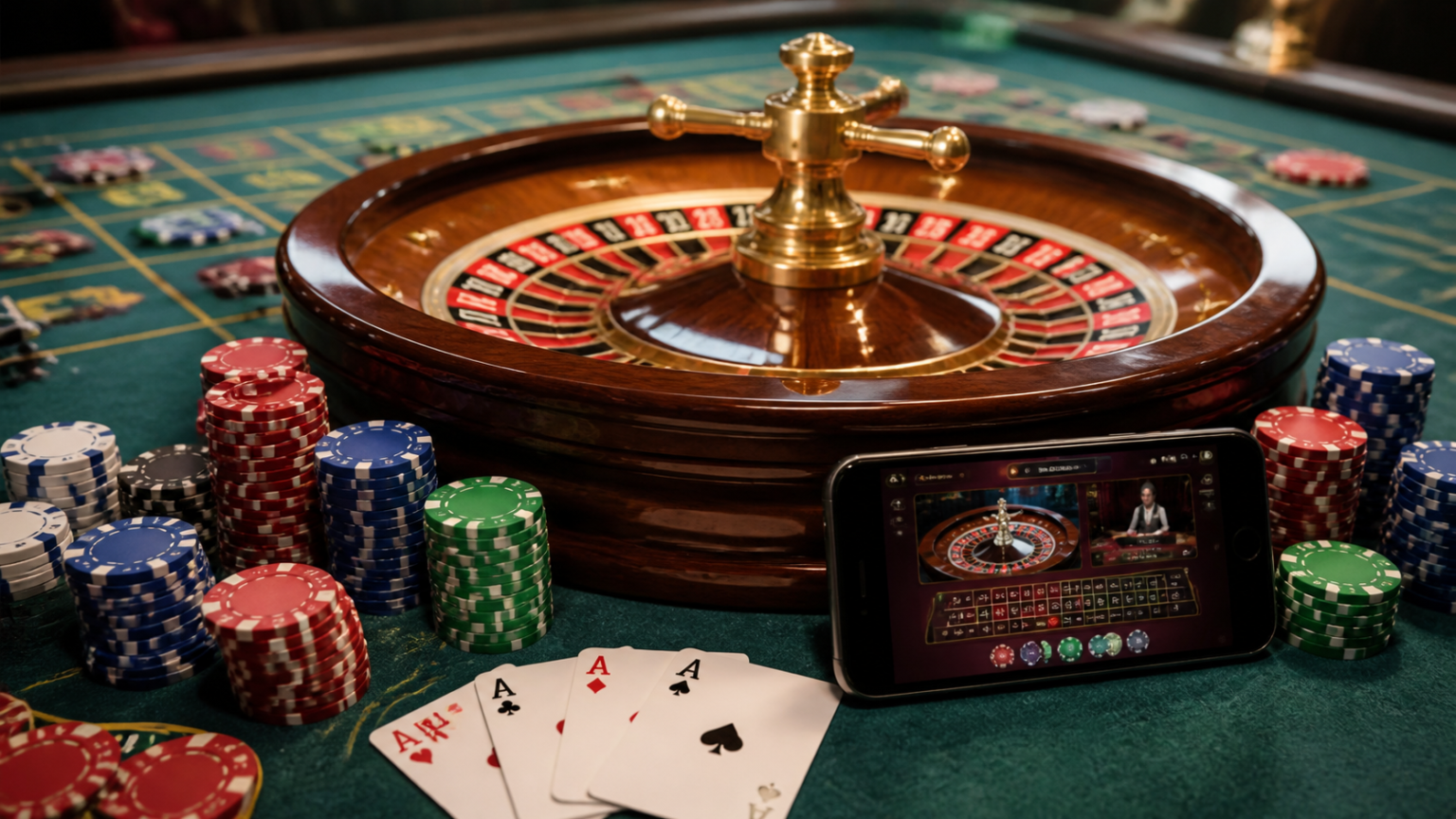 Casino table and smartphone showing an online casino Malaysia interface