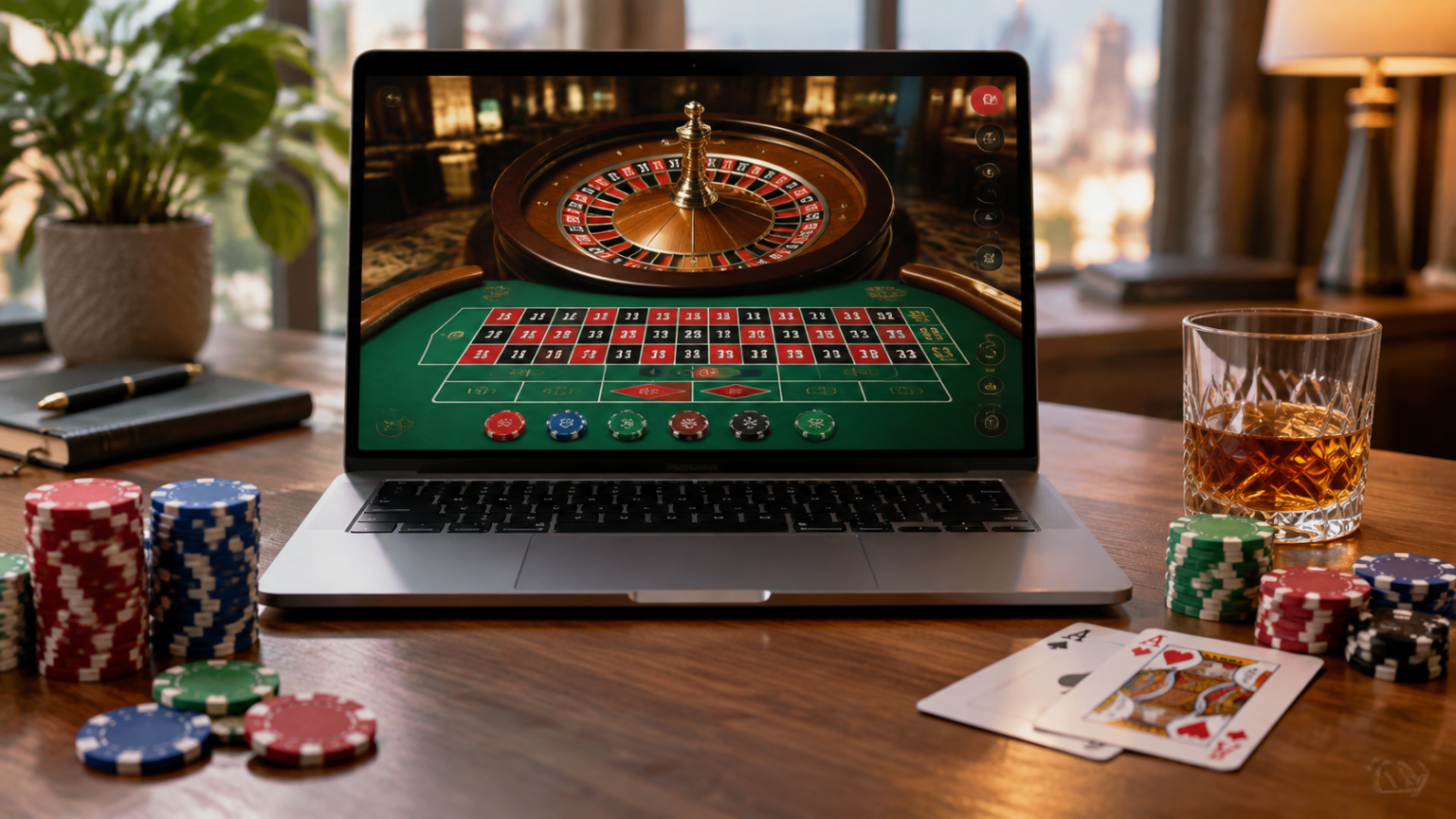 Laptop showing an online casino roulette game beside playing cards and casino chips