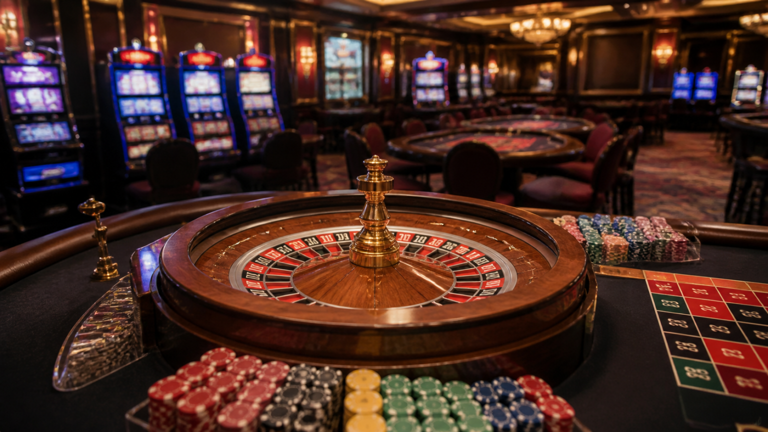 Casino gaming setup with slot machines and card tables