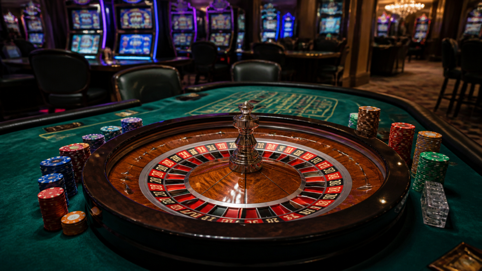 Casino gaming table with chips and roulette wheel