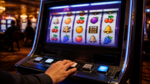 Mesin slot kasino dengan layar permainan yang menyala