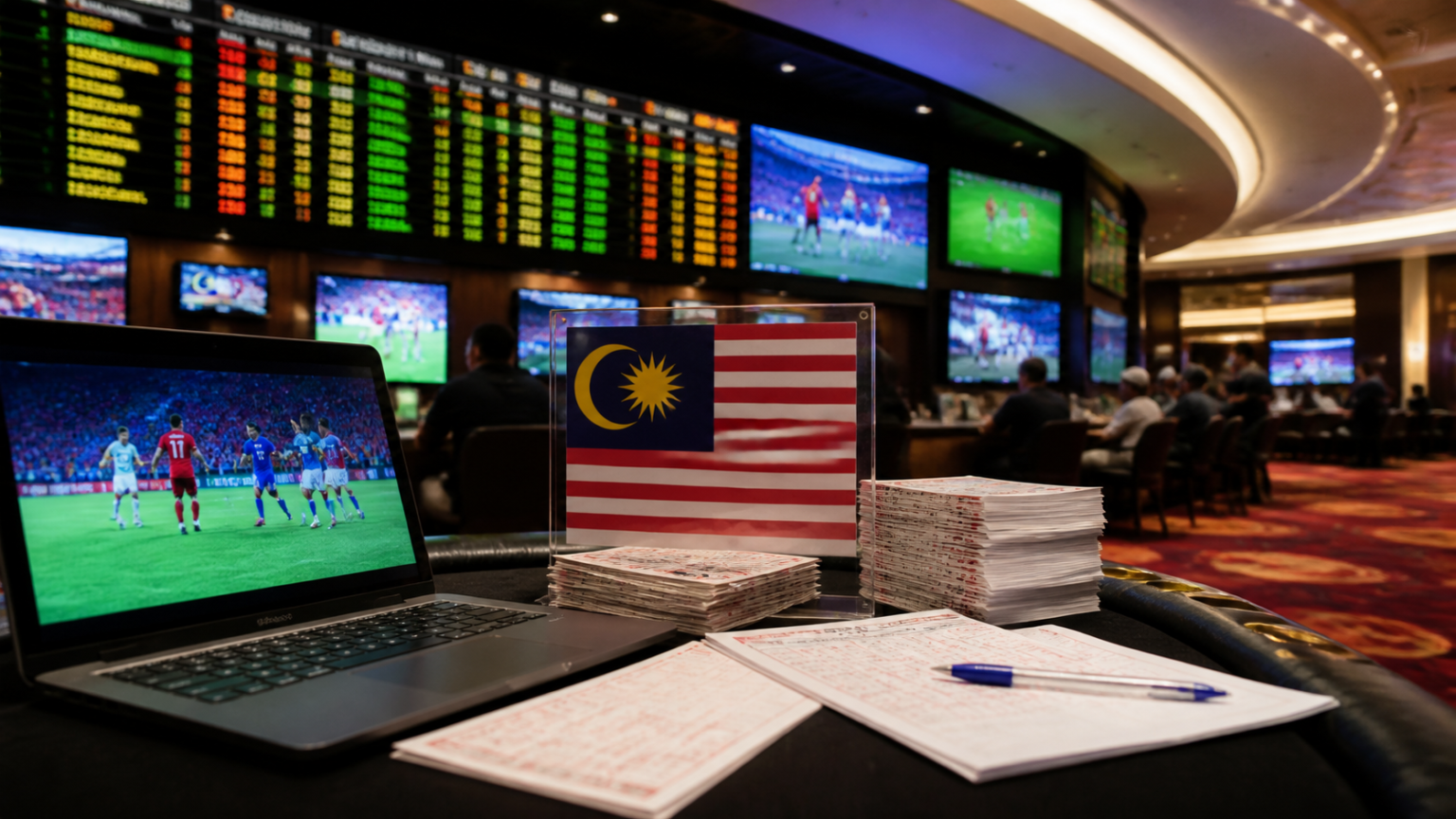 How sports betting works in practice: sports betting malaysia Casino related sports betting setup with odds board and betting slips