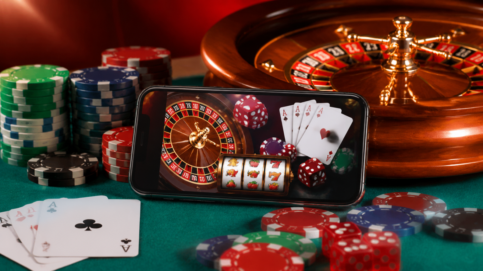 Online casino games on a smartphone beside casino cards and a roulette wheel