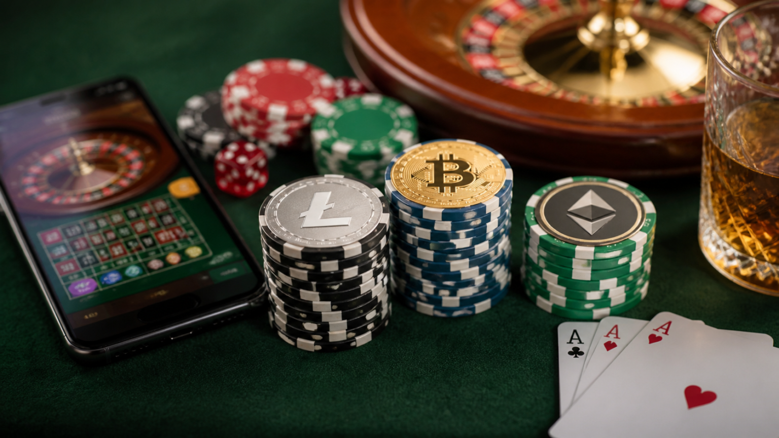 Crypto casino Singapore scene with chips, cards, and a smartphone