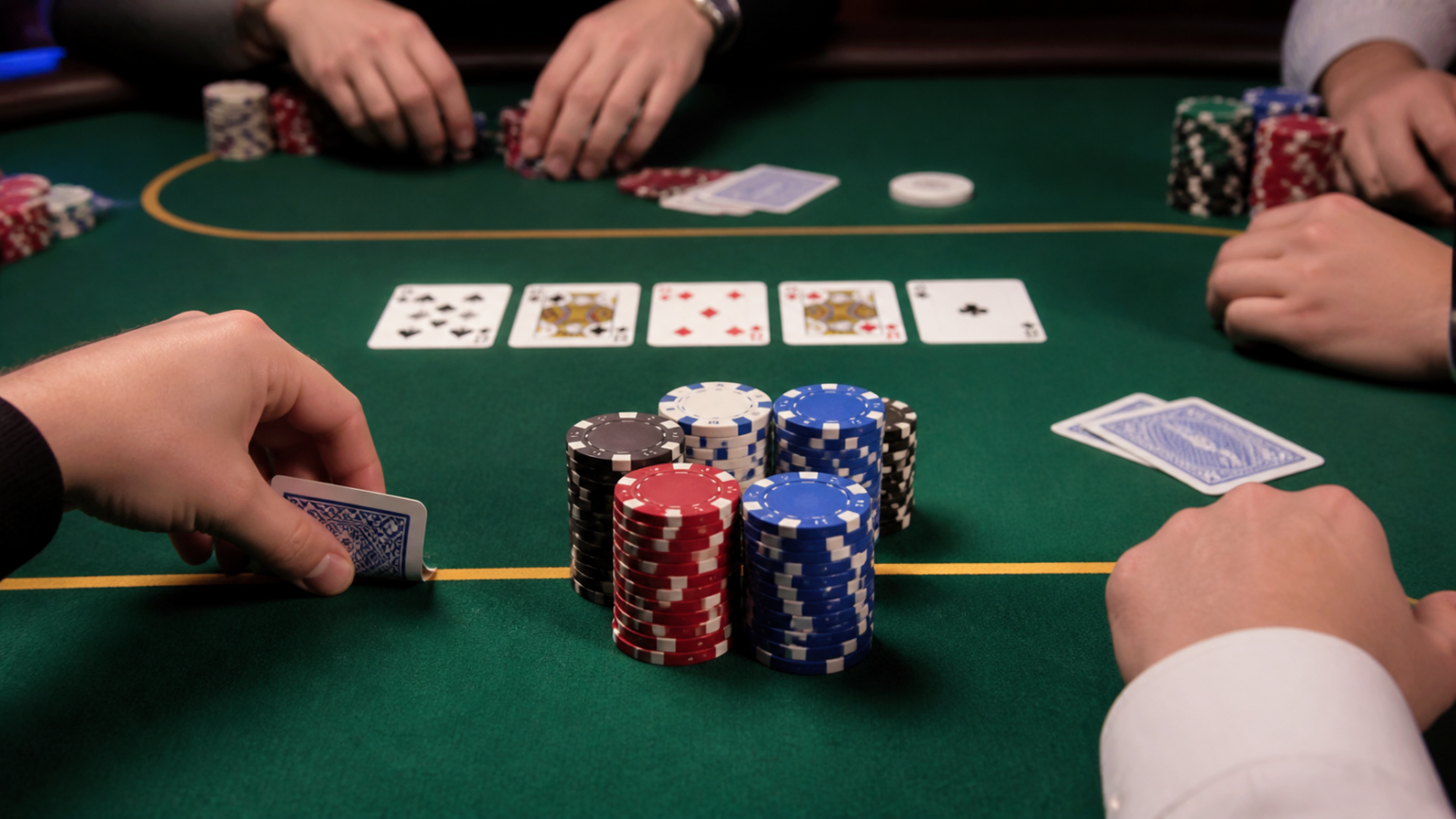 Poker chips and cards on a real-money casino table