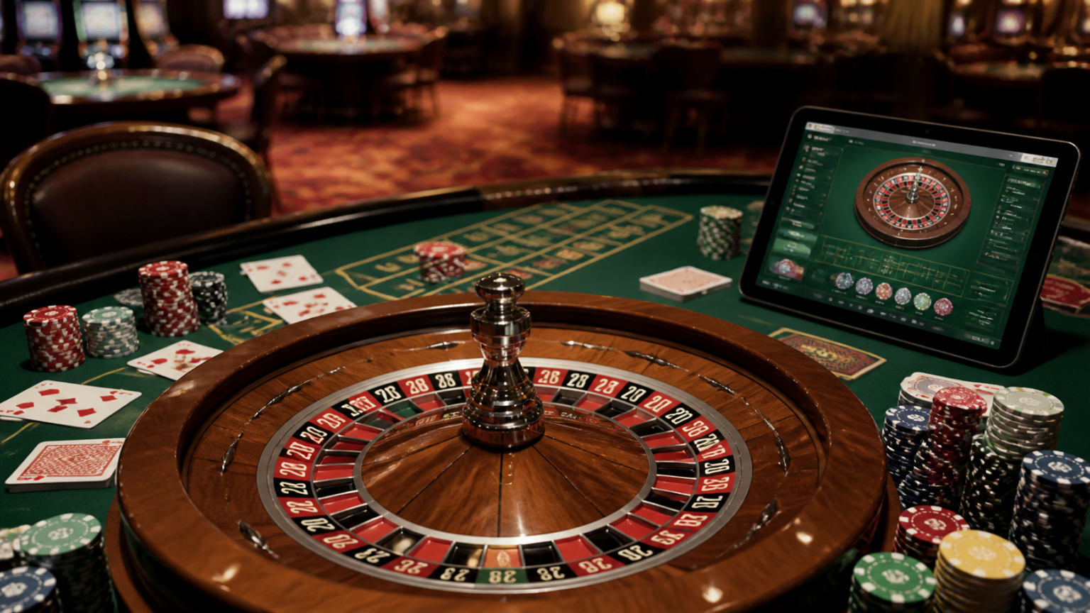 Casino roulette table with chips, cards, and an online casino screen